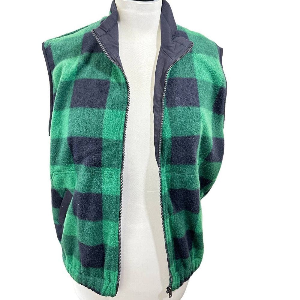 Rafaella Womens SZ M Petite‎ Navy Green Buffalo Plaid Fleece Sleeveless Vest